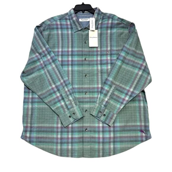 Tommy Bahama Men's Size Medium Coastline Cord Verde Plaid Trout Green Shirt - Picture 6 of 9